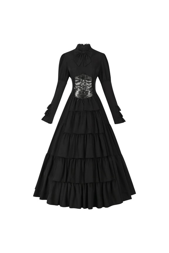 Women Vintage Medieval Dress Tiered Ruffle Retro Long Sleeve Gothic Ball Gown Royal Musical Corset Dress Victorian