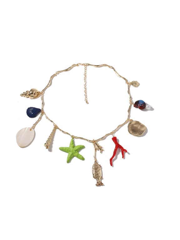 Women Vintage Metal Sea Conch Shell Fish Seastar Multi Charms Pendant Necklace New Boho Ethnic Statement Jewelry