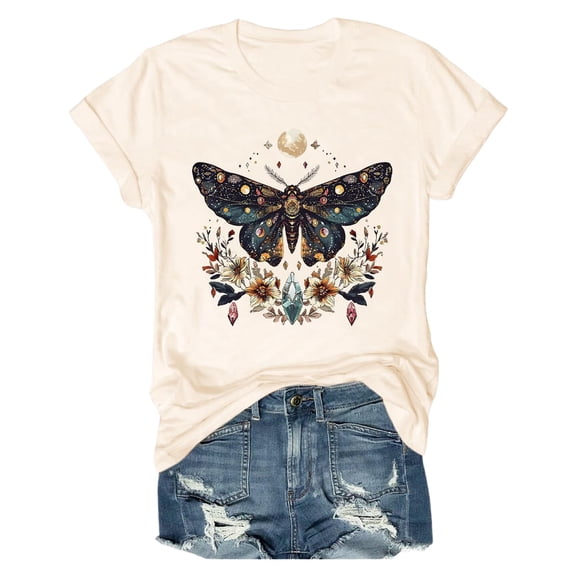 Women Vintage Moth T Shirts Moon Cottagecore Graphic Tees for Women (Beige XL)