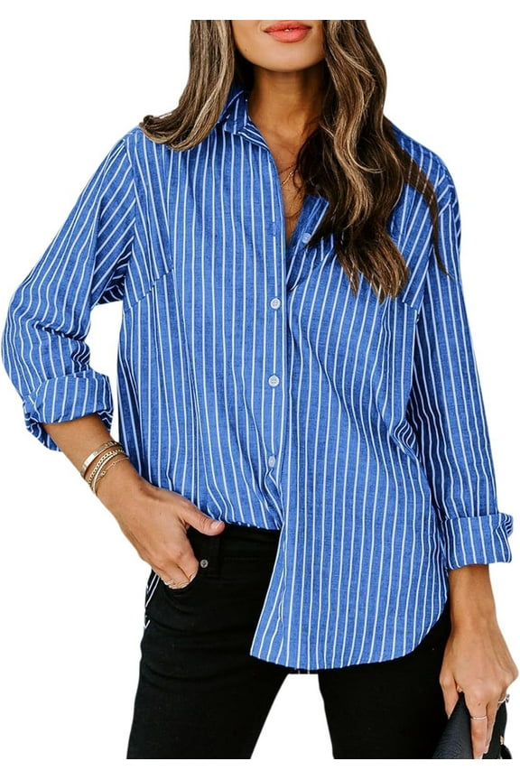 New Women Vintage Multicolor Poplin Blouses Stripe Long Sleeve Single Breasted Lapel Shirt
