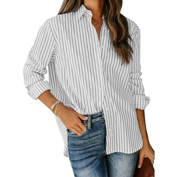 New Women Vintage Multicolor Poplin Blouses Stripe Long Sleeve Single Breasted Lapel Shirt