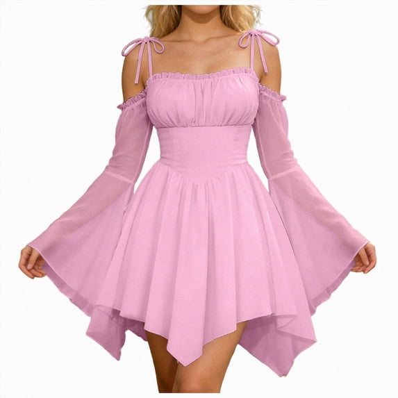Women Vintage Off‑Shoulder Corset Dress Puff Long Sleeve Lace‑Up Swing Midi Dress