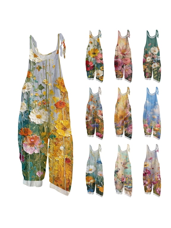 Women Vintage Oil Painting Floral Print Bib Overalls Loose Fit Cotton Linen Jumpsuit Casual Sleeveless Suspender Pants With Pockets L