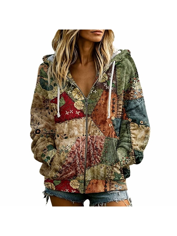 Women Vintage Patchwork Floral Zip Up Hoodie Oversized Long Sleeve Hooded Jacket Casual Boho Outerwear with Pockets Soft Lightweight Loose Fit Jacket Daily Travel Outfits