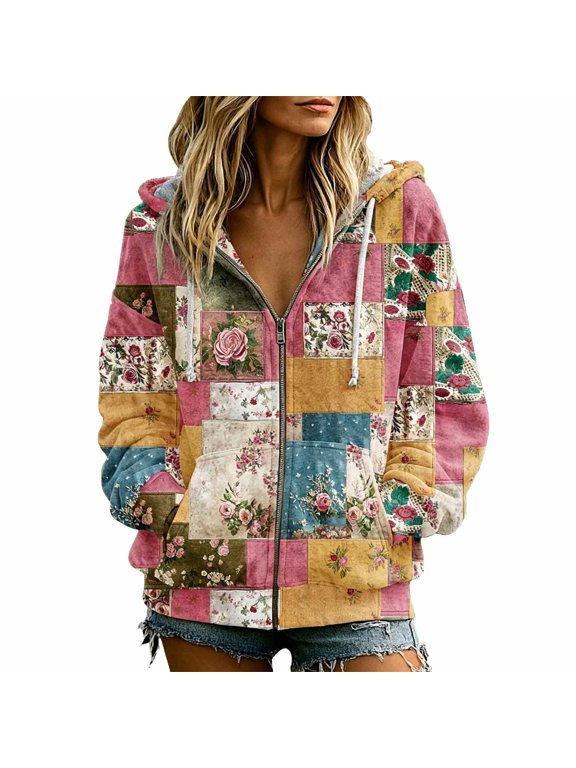 Women Vintage Patchwork Floral Zip Up Hoodie Oversized Long Sleeve Hooded Jacket Casual Boho Outerwear with Pockets Soft Lightweight Loose Fit Jacket Daily Travel Outfits