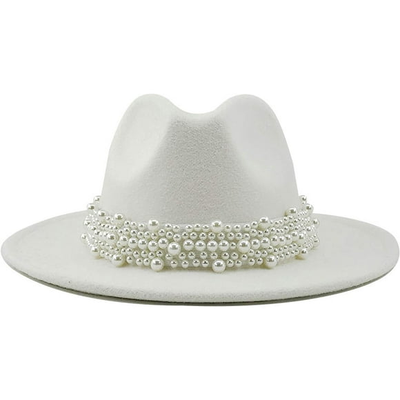 Women Vintage Pearl Band Fedora Hat Wide Brim Trilby Panama Hat
