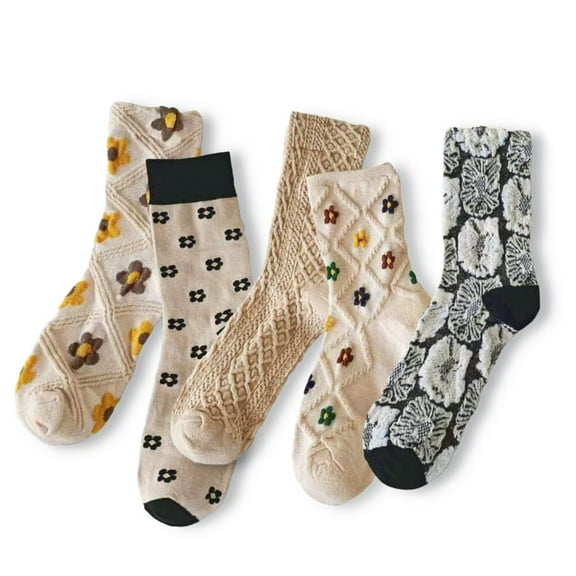 Women Vintage Pink Floral Patterned Cute Ruffle Cotton Ankle Socks 5 Pairs