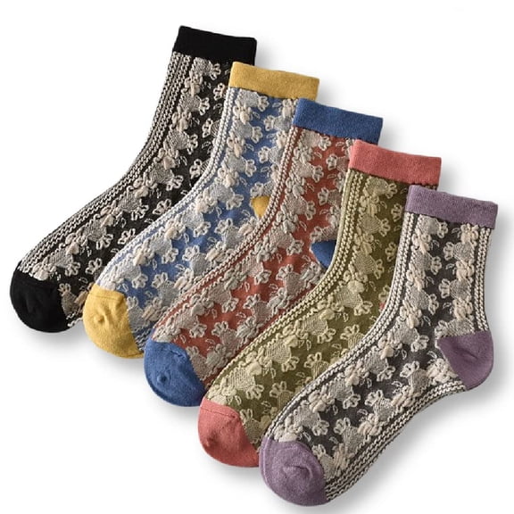 Women Vintage Pink Floral Patterned Cute Ruffle Cotton Ankle Socks 5 Pairs