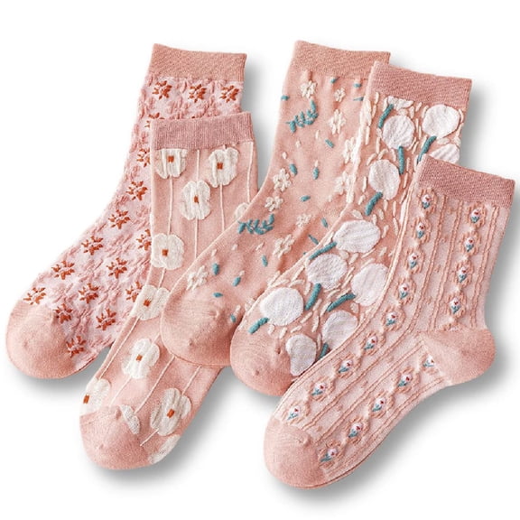 Women Vintage Pink Floral Patterned Cute Ruffle Cotton Ankle Socks 5 Pairs