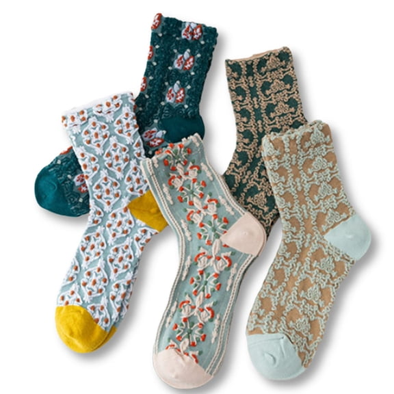 Women Vintage Pink Floral Patterned Cute Ruffle Cotton Ankle Socks 5 Pairs