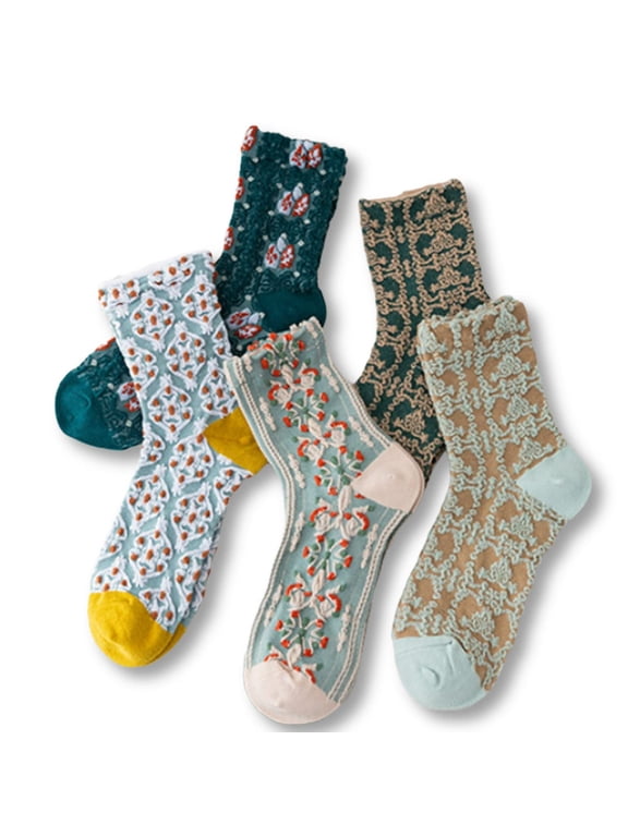 Women Vintage Pink Floral Patterned Cute Ruffle Cotton Ankle Socks 5 Pairs