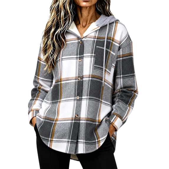 Women Vintage Plaid Hooded Jacket, Long Sleeve Button‑Down Casual Loose Overshirt Outerwear with Pockets for Fall Winter