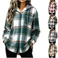 thumbnail image 1 of Women Vintage Plaid Hooded Jacket, Long Sleeve Button‑Down Casual Loose Overshirt Outerwear with Pockets for Fall Winter, 1 of 4