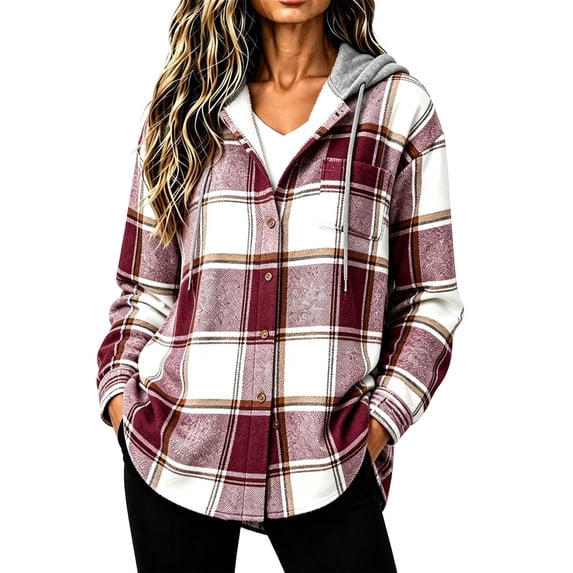 Women Vintage Plaid Hooded Jacket, Long Sleeve Button‑Down Casual Loose Overshirt Outerwear with Pockets for Fall Winter