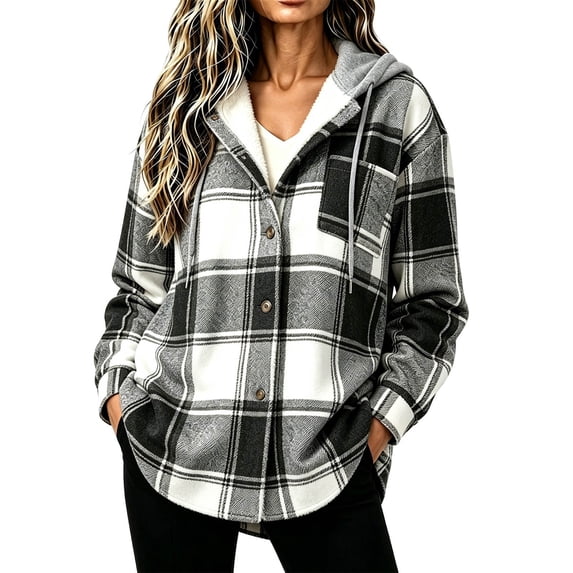 Women Vintage Plaid Hooded Jacket, Long Sleeve Button‑Down Casual Loose Overshirt Outerwear with Pockets for Fall Winter
