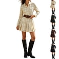 thumbnail image 1 of Women Vintage Plaid Mini Shirt Dresses Elegant Pleated Long Sleeve Button Down Dresses Collared A-Line Flowy Babydoll Dress, 1 of 6