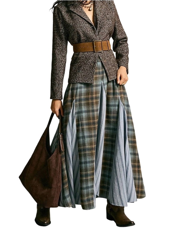 Women Vintage Plaid Patchwork Maxi Skirt Elastic High Waist Flowy Western Casual Long Skirt Multicolor L