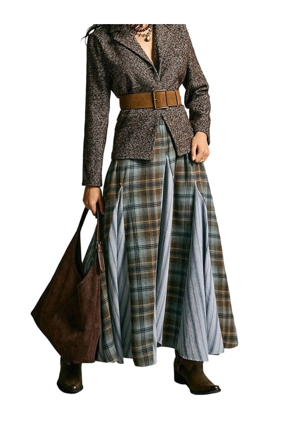 Women Vintage Plaid Patchwork Maxi Skirt Elastic High Waist Flowy Western Casual Long Skirt Multicolor S