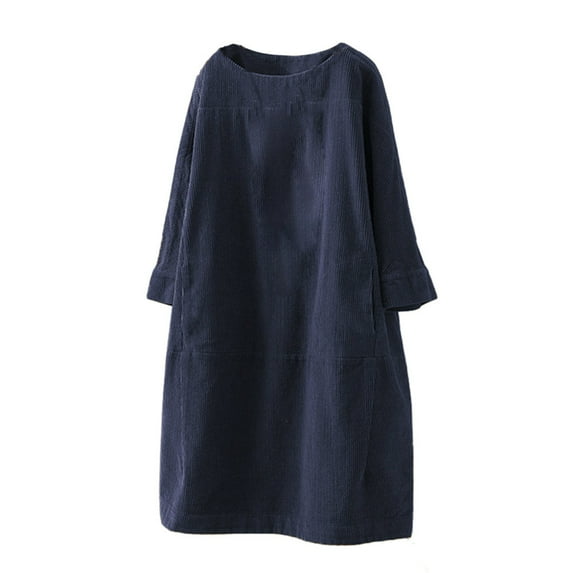Women Vintage Pockets Corduroy Solid Color Long Sleeve Loose Casual Dress