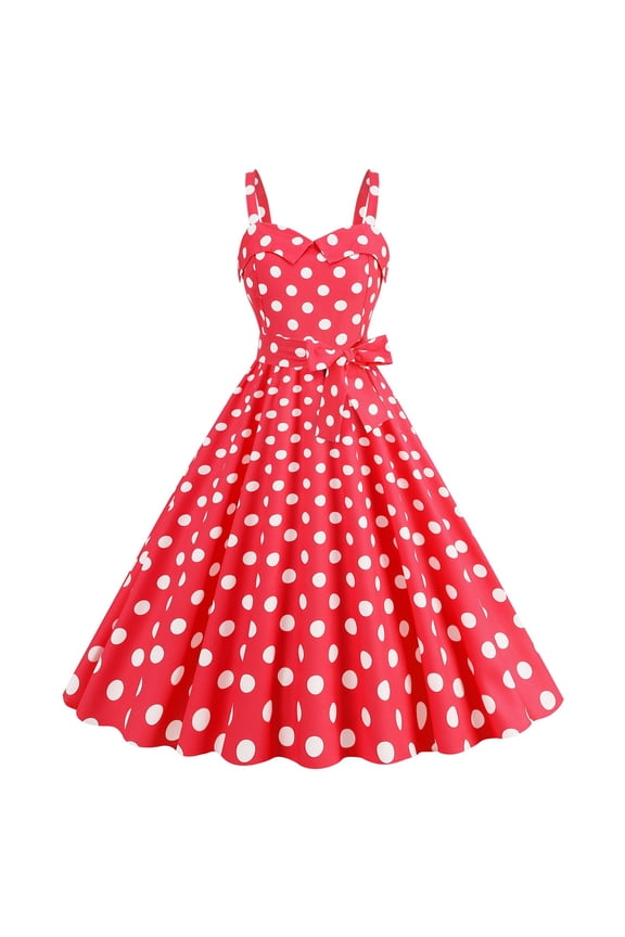 Women Vintage Polka Dot 1950S Rockabilly Halter Audrey Dress Retro Floral Evening Swing Dress Red L