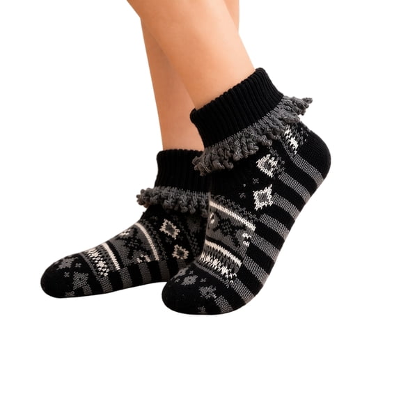 Women Vintage Print Ankle Socks Ruffle Frill Cuff Winter Warm Casual Crew Socks Cozy Soft Holiday Socks for Daily Wear Christmas Gift for Ladies,1pair