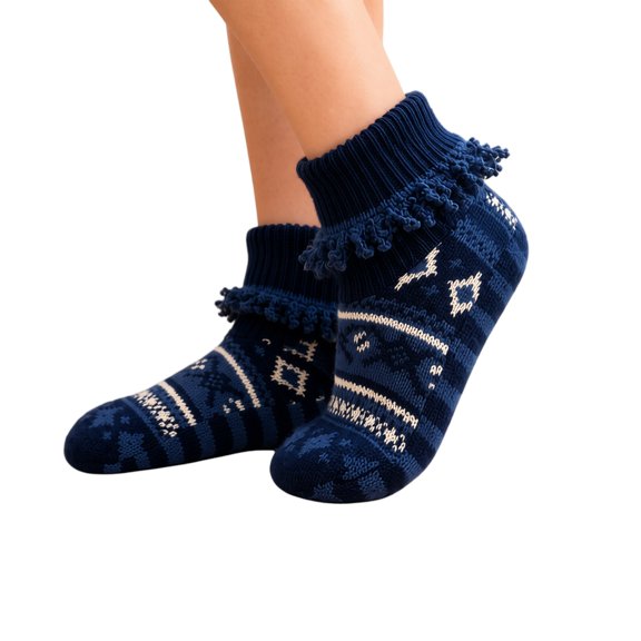 Women Vintage Print Ankle Socks Ruffle Frill Cuff Winter Warm Casual Crew Socks Cozy Soft Holiday Socks for Daily Wear Christmas Gift for Ladies,1pair