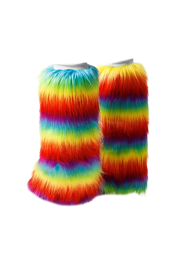 Women Vintage Rainbow Colorful Plush Leg Warmer Fuzzy Thickened Boot Toppers Cuff Furry Leg Cover Long Socks Partywear