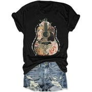 LGY Women Vintage Rock Band T Shirts Flower Guitar Country Music Short Sleeve Summer Tops Funny Graphic Tees