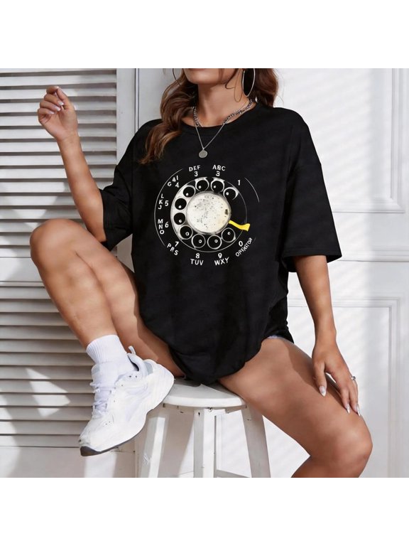 Women Vintage Rotary Phone Dial Pattern T-Shirt 100% Cotton Comfortable Short