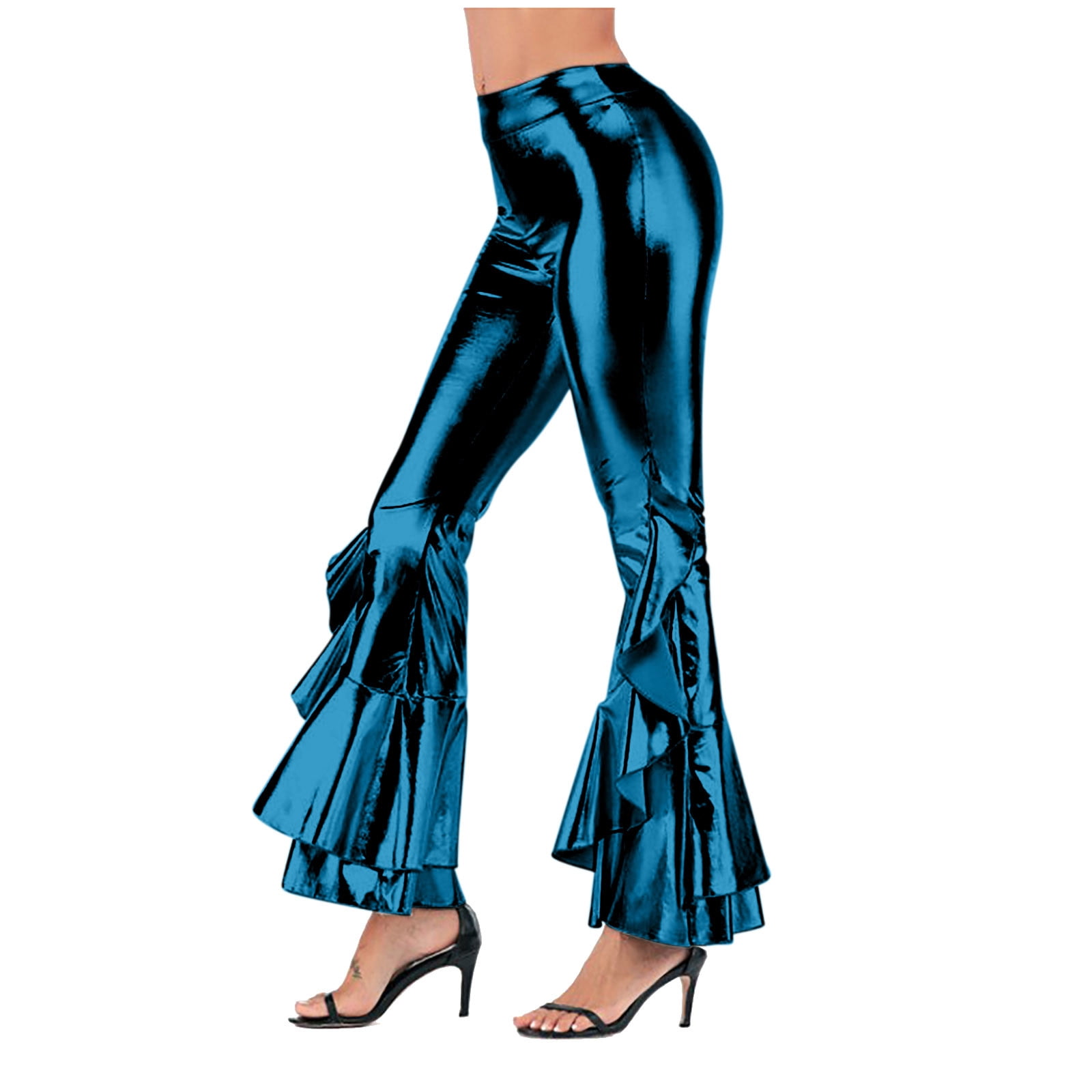 Women Vintage Shiny Metallic Bell Bottom Ruffle Flare Pants- 70s