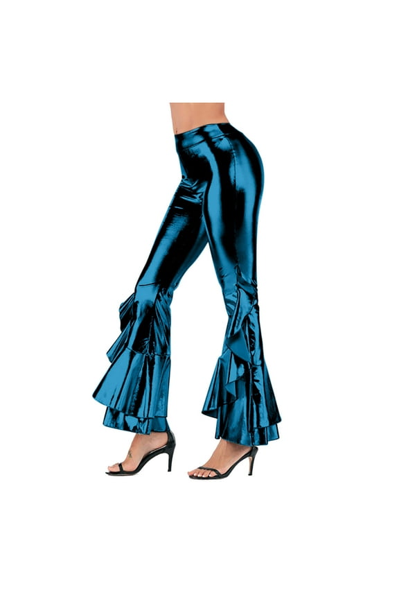 Women Vintage Shiny Metallic Bell Bottom Ruffle Flare Pants- 70s Disco High Waisted Dance Bootcut Palazzo Pants