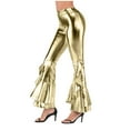 thumbnail image 1 of Women Vintage Shiny Metallic Bell Bottom Ruffle Flare Pants- 70s Disco High Waisted Dance Bootcut Palazzo Pants, 1 of 3