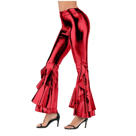Women Vintage Shiny Metallic Bell Bottom Ruffle Flare Pants- 70s Disco High Waisted Dance Bootcut Palazzo Pants
