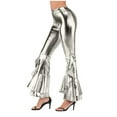 thumbnail image 1 of Women Vintage Shiny Metallic Bell Bottom Ruffle Flare Pants- 70s Disco High Waisted Dance Bootcut Palazzo Pants, 1 of 3