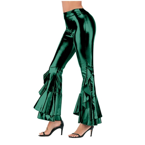Women Vintage Shiny Metallic Bell Bottom Ruffle Flare Pants- 70s Disco High Waisted Dance Bootcut Palazzo Pants