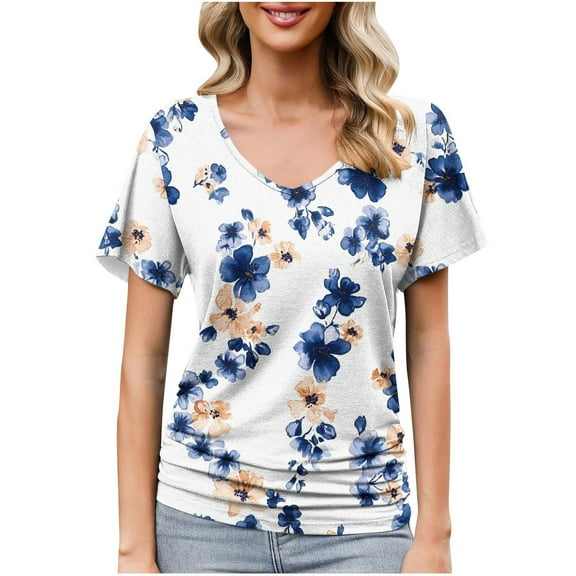 Women Vintage Shirts Short Sleeve Pullover Blouses Trendy Tunic Tops Loose Vneck Clothing