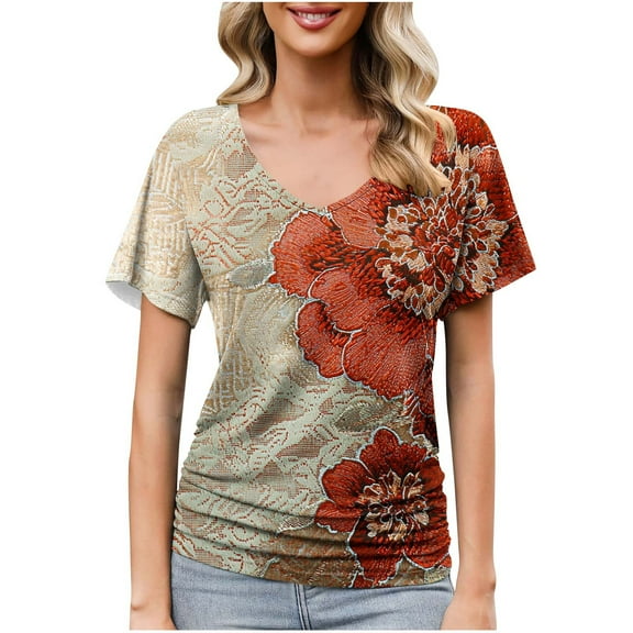 Women Vintage Shirts Short Sleeve Pullover Blouses Trendy Tunic Tops Loose Vneck Clothing