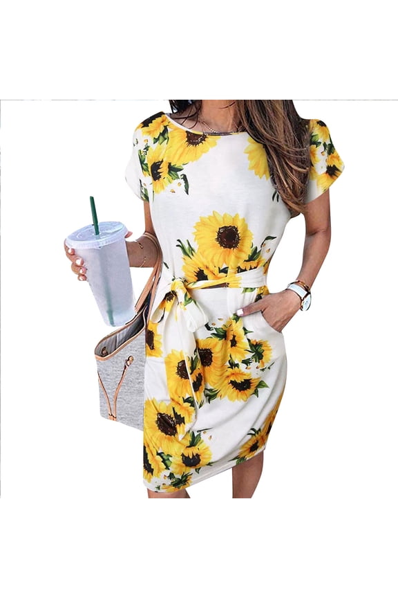 Women Vintage Short Sleeve Sunflower Pocket Tie Front O-Neck Mini Dress Casual Slim Design T-Shirt Dress Cute Casual Dresses for Women Ladies Dress Summer Woman Summer Dress Dress Pockets Midi Dress