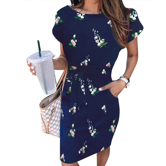 Women Vintage Short Sleeve Sunflower Pocket Tie Front O-Neck Mini Dress Casual Slim Design T-Shirt Dress Cute Casual Dresses for Women Ladies Dress Summer Woman Summer Dress Dress Pockets Midi Dress