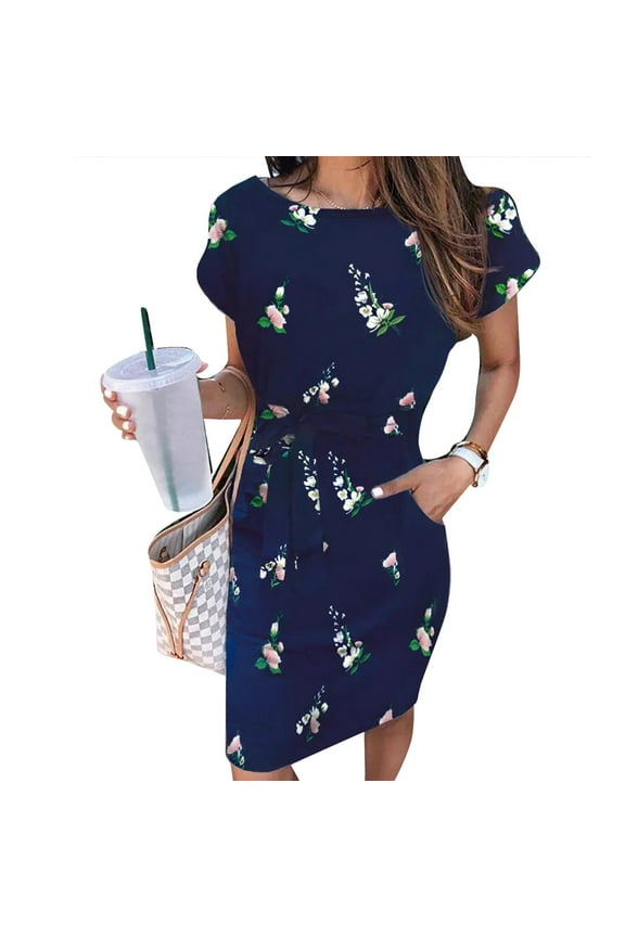 Women Vintage Short Sleeve Sunflower Pocket Tie Front O-Neck Mini Dress Casual Slim Design T-Shirt Dress Cute Casual Dresses for Women Ladies Dress Summer Woman Summer Dress Dress Pockets Midi Dress