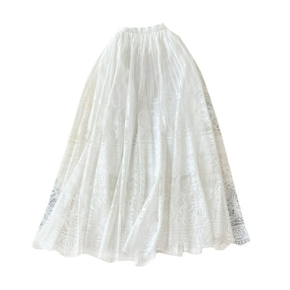 Women Vintage Skirts Lace Eyelet Knit Skirts High Waist Dress A-Lined Skirt Pleated Flowy Skirts