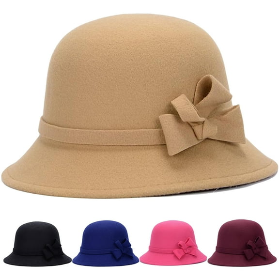 Women Vintage Solid Color Cloche Hat, Fashion Felt Bucket Bowler Hat with Bowknot