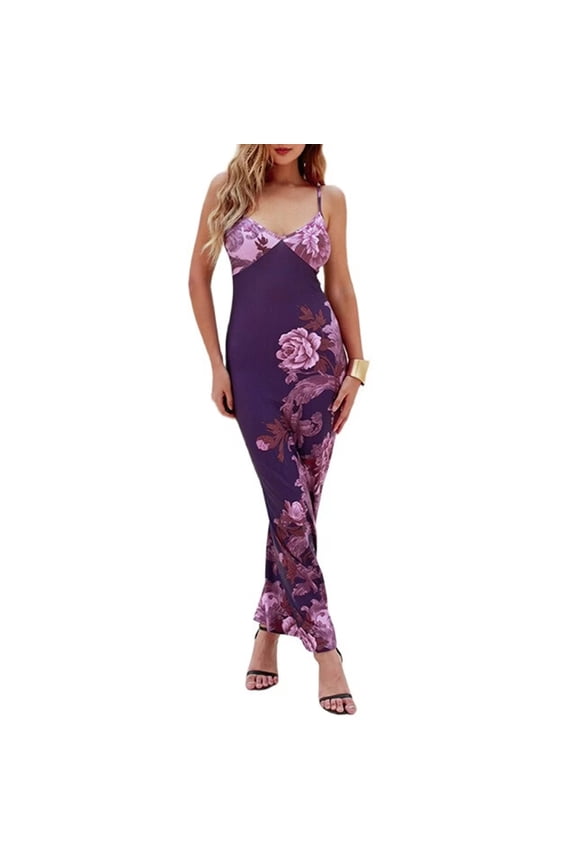 Women Vintage Spaghetti Strap Maxi Dress Low Cut Backless Floral Satin Slip Long Dress Y2k Bodycon Dresses M