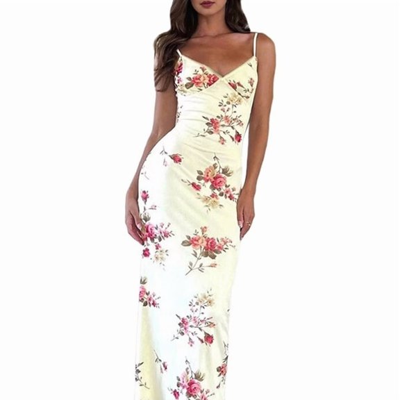 Women Vintage Spaghetti Strap Maxi Dress Low Cut Backless Floral Satin Slip Long Dress Y2k Bodycon Dresses Pink S