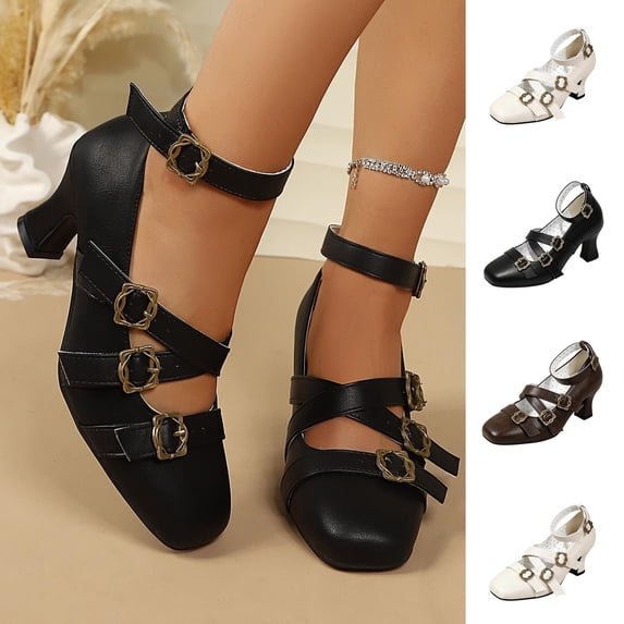 Women Vintage Square Toe High Heel Pumps, Multi‑Strap Metal Buckle Ankle Strap Mary Jane Dress Heels