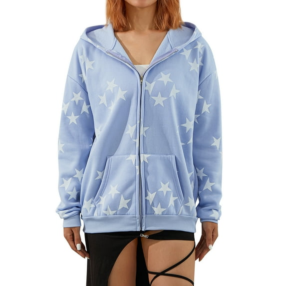 Women Vintage Star Graphic Zip up Hoodies Oversized Sweatshirt Casual Jacket with Pockets Punk Grunge Streetwear