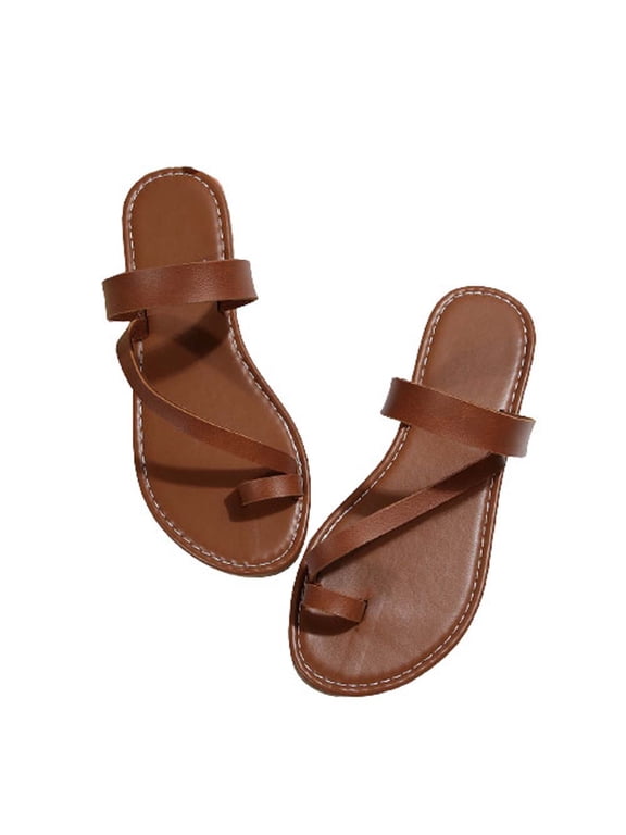 Women Vintage Strap Toe Ring Sandals Summer Flats Comfort Lightweight Flip Flops Clip Slip on Slides Beach Sandal Brown Women Sandal