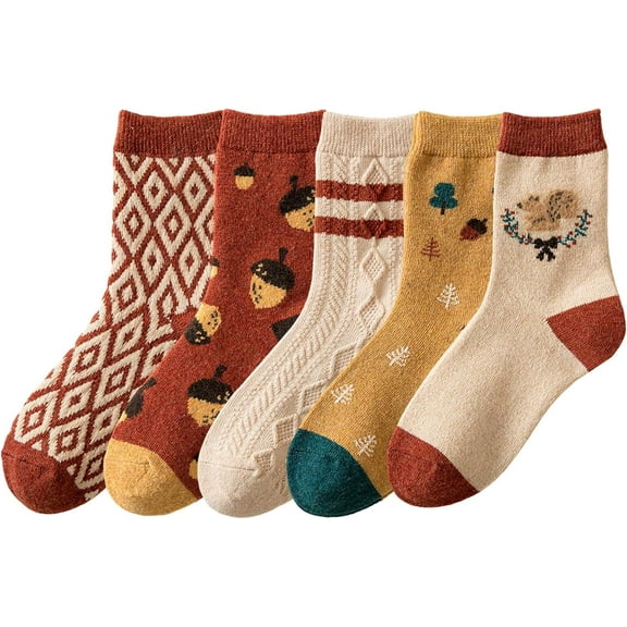 Women Vintage Striped Wool Socks, Fall Winter Warm Hiking Crew Knit Soft Socks 5 Pairs