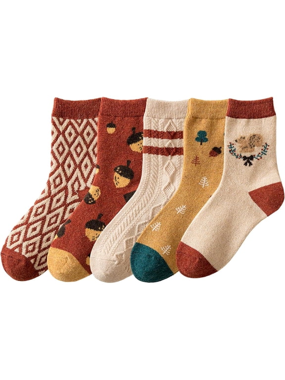 Women Vintage Striped Wool Socks, Fall Winter Warm Hiking Crew Knit Soft Socks 5 Pairs