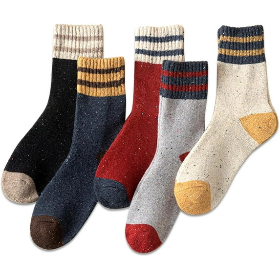 Women Vintage Striped Wool Socks, Fall Winter Warm Hiking Crew Knit Soft Socks 5 Pairs